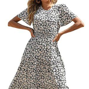 Women's Summer Casual Short Flutter Sleeve Round Neck Smocked Waist Tiered Boho
